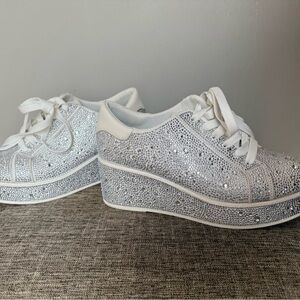 White Crystal Platform Lace-Up Sneakers - Women